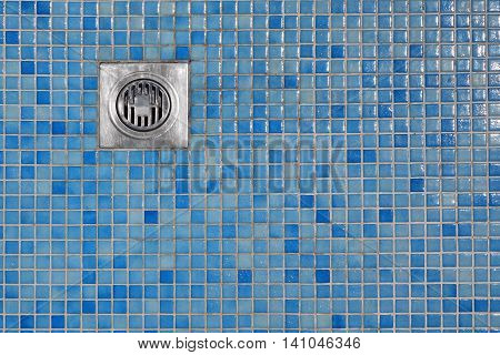 Outdoor Shower Cabin Blue Tiled Floor  With Grate Of Outflow