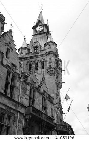 A view of the elegant clock tower building in Dunfermline