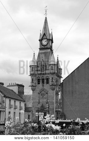 A view of the elegant clock tower building in Dunfermline