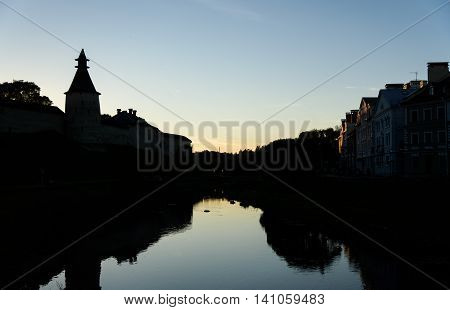 Pskov Kremlin At Sunset And Pskova River