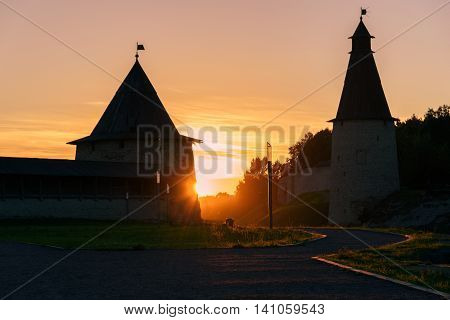 Pskov Kremlin At Sunset And Pskova River