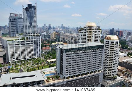 BANGKOK THAILAND - JUNE 20 2016: Bangkok city scape. High rise building around the Pratunam area.