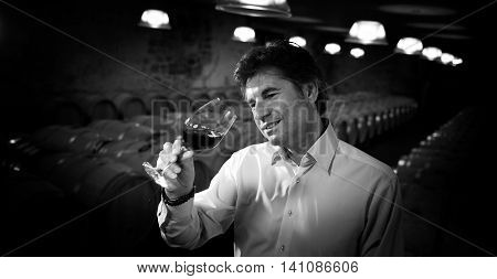 Portrait confidant vintner drinking red wine in winery cellar