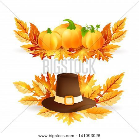 Thanksgiving design elements. Piligrim hat and pumpkins with autumn leaves. Holiday vector decorations.