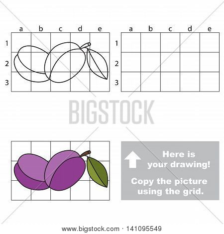 Copy the picture using grid lines. Easy educational game for kids. Simple kid drawing game with Plums