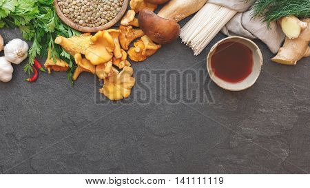 Culinary background with various ingredients, rustic background. Asian food concept, top view, blank space