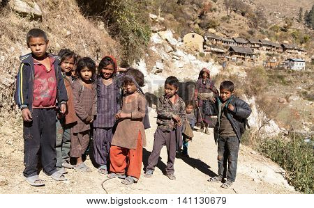 SRIKOT VILLAGE WESTERN NEPAL 29TH OF NOVEMBER 2013 - group of nepalese children in western Nepal