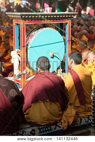 NEPAL KATHMANDU - DEC 17 Boudhanath stupa -17th of December 2013: meditation of Tibetan Buddhist Monks during festival