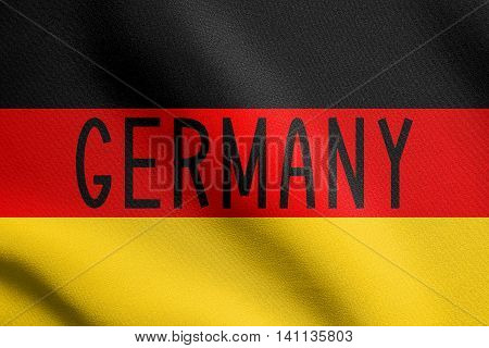 Flag of Germany waving in the wind with detailed fabric texture. German national flag. Word Germany.