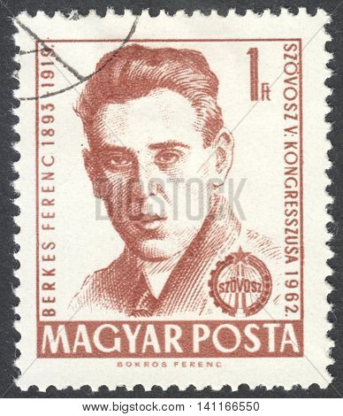 MOSCOW RUSSIA - CIRCA MAY 2016: a post stamp printed in HUNGARY shows a portrait of Ferenc Berkes dedicated to the 5th Congress of the Hungarian Cooperative Movement circa 1962