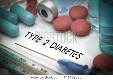 type 2 diabetes. Treatment and prevention of disease. Syringe and vaccine. Medical concept. Selective focus