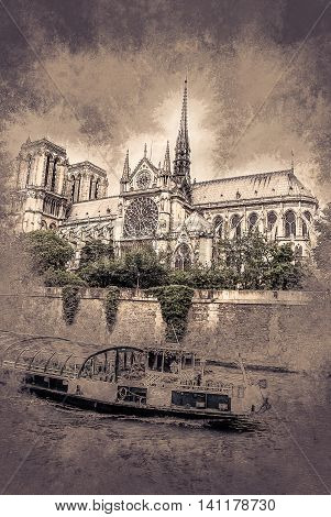 notre-dame church, tourist boat, view from Seine, southern facade. Vintage painting, background illustration, beautiful picture, travel texture