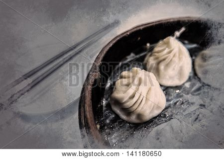 Traditional chinese food, steamed dumpling served on table in a wooden dish and with wooden chopsticks. Vintage painting, background illustration, beautiful picture, travel texture