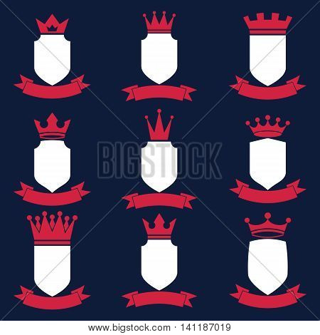 Set of luxury vector shields with king crown and undulate festive ribbon.