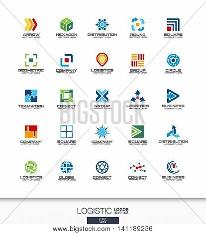 Abstract logo set for business company. Corporate identity design elements. Export, transport, delivery and distribution concepts. Logistic, shipping logotype collection. Colorful Vector icons