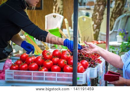 The saleswoman captures the rest of money for client at bazaar.