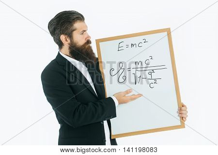 Bearded Man With Einstein Formula And Newtons Law