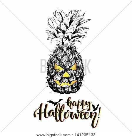 Vector greeting card for Halloween. Pineaple with scary smilling curved face. Vintage hand drawn illustration. Decorated with bats and lettering.
