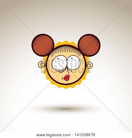 Vector graphic art drawing of kid face hand drawn cute dreamy girl with stylish haircut.