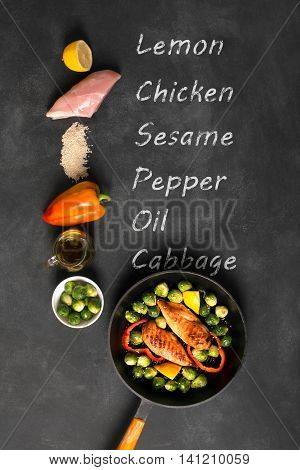 Chicken breasts cooked on the grill pan with brokkoli and sesame on the black chalkboard with inscription of ingredients