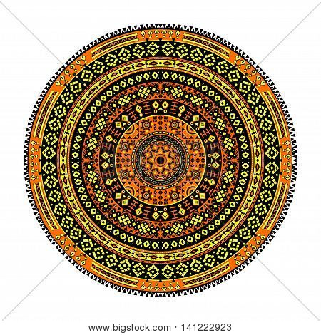 Tribal round ornament folk pattern in orange yellow and black colors