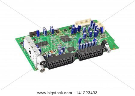 Printed green circuit board isolated on white background