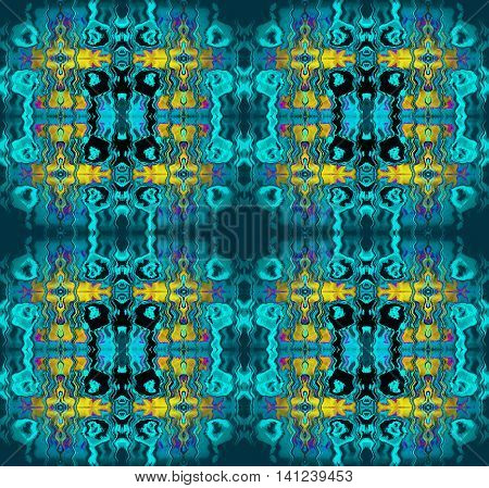 Abstract geometric seamless background. Conspicuous rectangle ornaments with wavy lines, in turquoise shades with yellow, dark gray, purple and black elements.