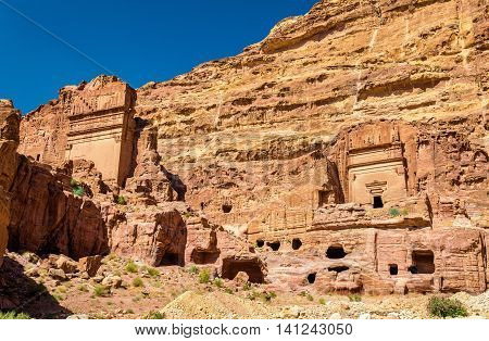 Street of Facades at the ancient city of Petra. UNESCO Heritage Site in Jordan