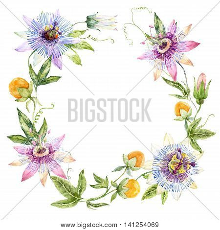 Beautiful wreath with nice watercolor passionflowers and fruits