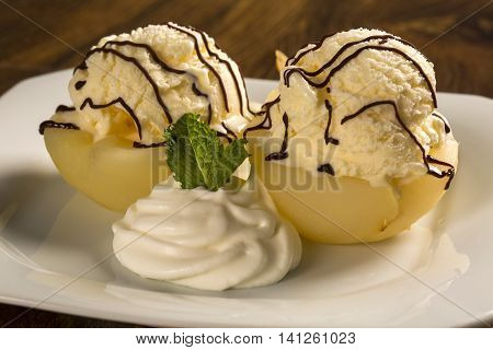 Dessert With Ice Cream And Poached Pears