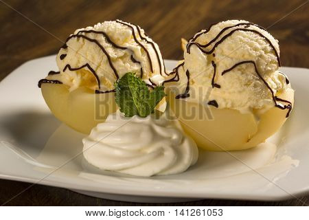 Dessert With Ice Cream And Poached Pears