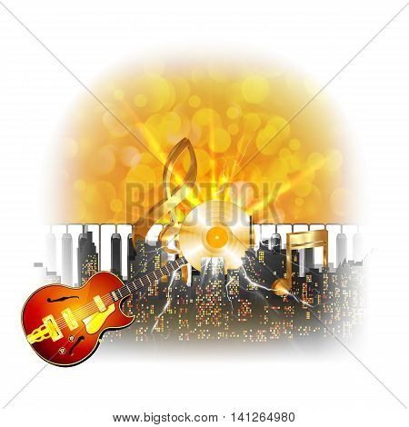 City landscape on a background of bright light with a gold plate the piano keys musical treble clef and jazz guitar.