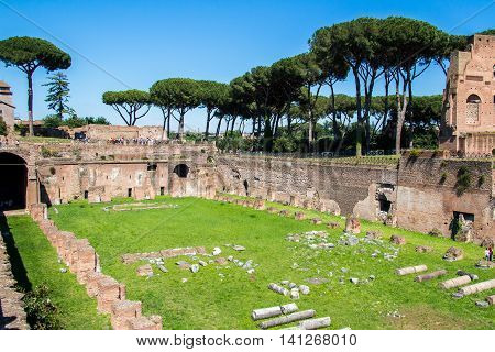 the ruins of the Stadium in the Domitian Imperial palace on the Palatine Hill in Rome Italy
