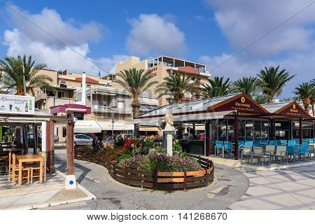 SITIA, CRETE, GREECE - JUNE 2016: Central street of Sitia town on Crete island, Greece