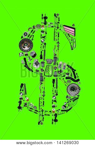 Dollar money with auto parts for car. Auto parts for car. Auto parts for shop, aftermarket OEM. Dollar with auto parts. Many auto spare parts isolated on green screen, chroma key