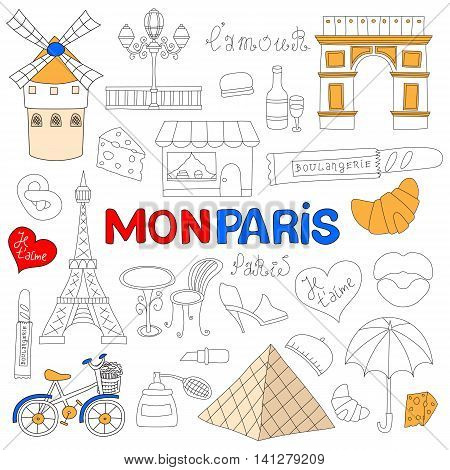 Icons set Paris cuisine and traditional modern culture. Europe Eiffel Paris icons fashion wine building design architecture. Famous travel love Paris icons monument capital landmark.
