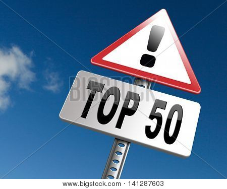 top 50 charts list pop poll result and award winners chart ranking music hits best top fifty quality rating prize winner road sign   3D illustration
