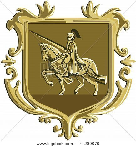 Illustration of knight in full armor with lance riding horse steed viewed from the side set inside coat of arms shield crest done in retro style.