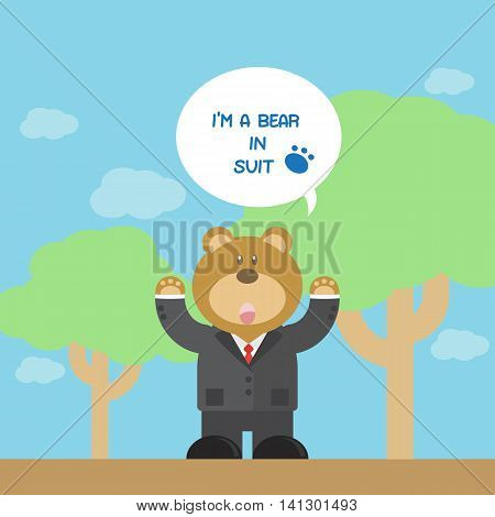 cute brown bear in smart suit with forest background