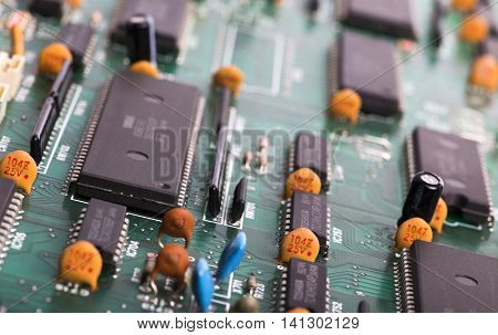 Detail of a electronic computer motherboard closeup