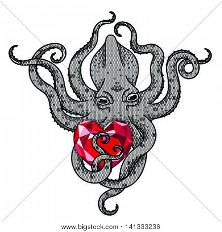 Boho styled design of octopus with rubin heart in his tentacles. Editable vector illustration. 