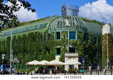 WARSAW POLAND - SUMMER 2016: Warsaw University Library with rooftop garden during summer