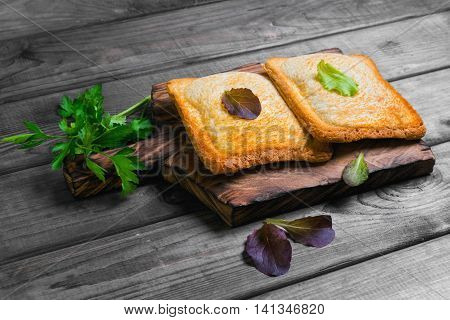 Italian hot crispy toasted panini sandwiches closed on a cutting board lettuce parsley on gray wooden background