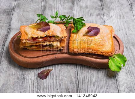 Italian hot crispy toasted panini sandwiches closed on cutting board and cut in half sandwich panini with ham tomato cheese lettuce parsley on light white wooden background