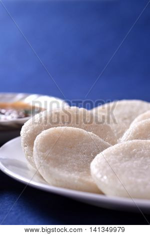 Idli With Sambar And Coconut Chutney On Blue Background, Indian Dish : South Indian Favourite Food R