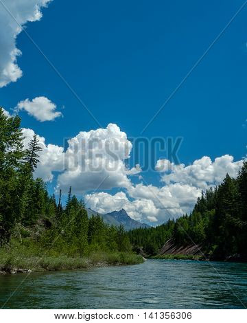 Middle fork of the Flathead River in Montana looking towards peaks in Glacier National Park