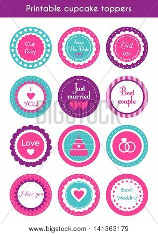 Vector set of round bright printable cupcake toppers, labels for wedding party