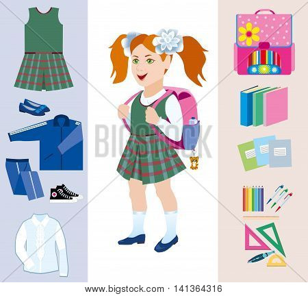 Schoolgirl with satchel behind and various school subjects