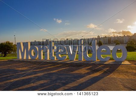 MONTEVIDEO, URUGUAY - MAY 04, 2016: nice sunset light going through the montevideo signal located in la rambla.