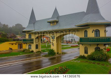 GRAMADO, BRAZIL - MAY 06, 2016: portico da entrada it is one of many entrance to the city, the building looks like a castle from the outside.